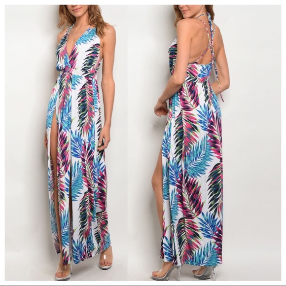 Other - Tropical leaf double slit Maxi Swim cover up dress